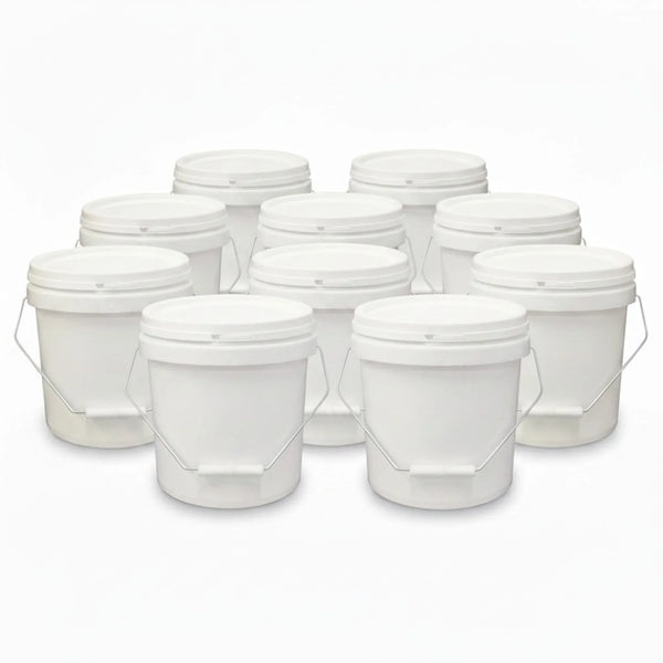 Kitchee Bulk 10x 10L Plastic Buckets + Lids - Empty White With Handle Large Pail
