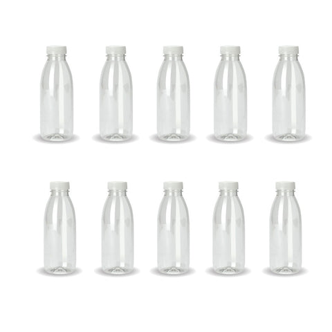 10x 300ml PET Juice Bottles + Tamper Evident Caps - Empty Plastic Recyclable Clear