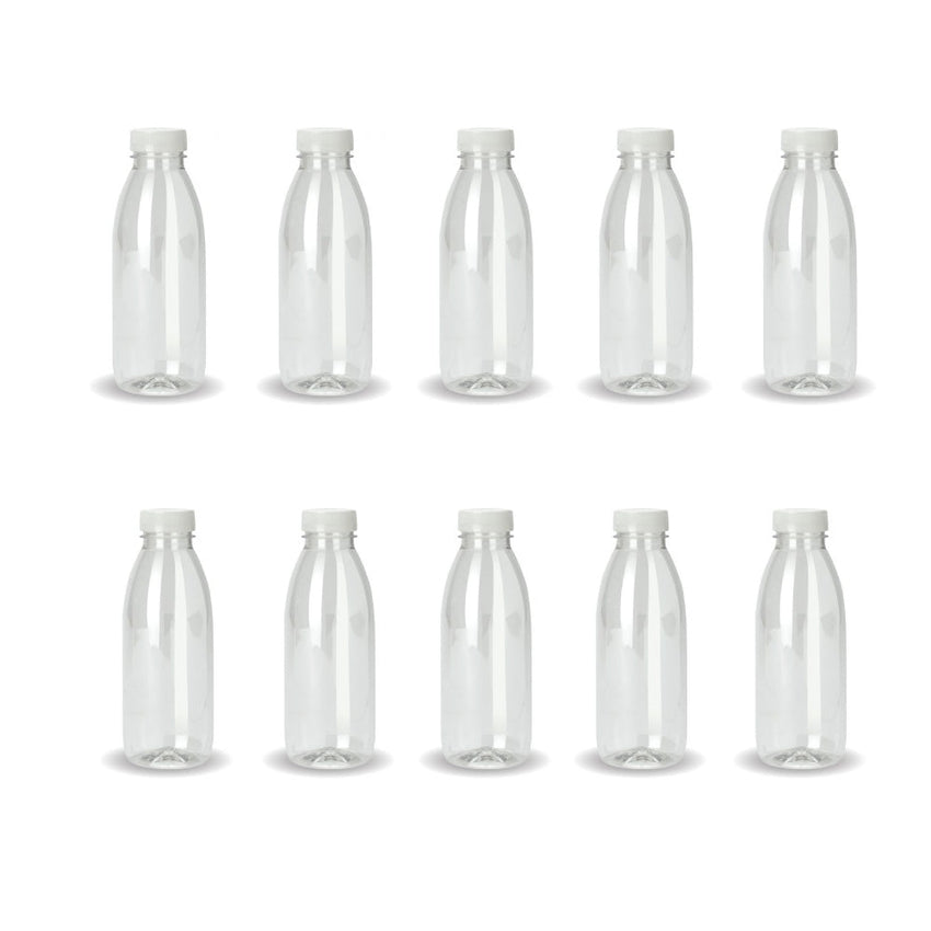 10x 300ml PET Juice Bottles + Tamper Evident Caps - Empty Plastic Recyclable Clear