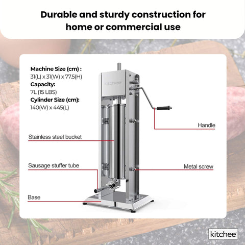 Kitchee 7L Manual Vertical Sausage Filler - Stainless Stuffer Meat Press Machine