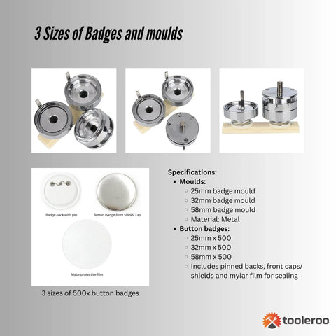 Tooleroo Button Badge Making Set - Maker + Moulds + Badges 25mm 32mm 58mm
