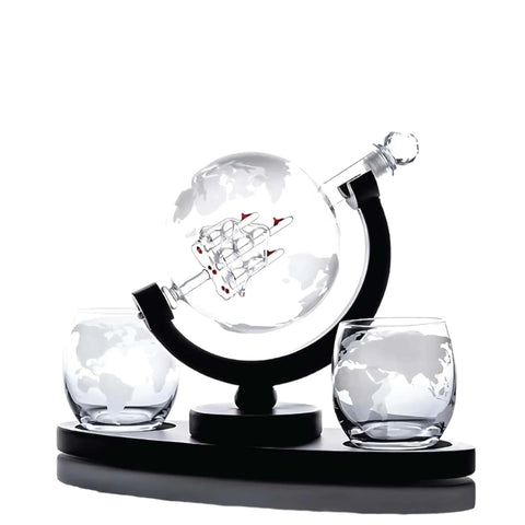 Kitchee 850ml Whiskey or Wine Globe Glass Decanter Set - 2 Glasses + Stand