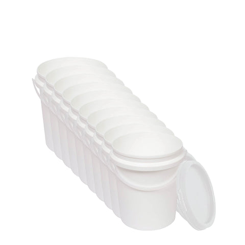 10x 1.2L Plastic Buckets + Lids - Food Grade Empty White Tub With Handle
