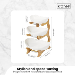 3 Tier Porcelain Fruit Bowl - Ceramic Vegetable Storage With Bamboo Stand