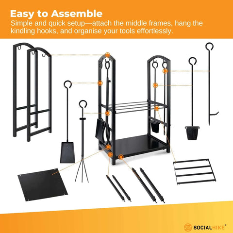 Social Hike Firewood Rack Stand and Fireplace Tool Set - Wood Log Holder