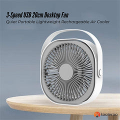 3-Speed USB 20cm Desktop Fan – Quiet Portable Lightweight Rechargeable Cooler