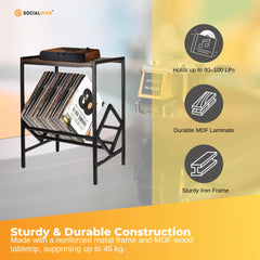 Social Hike Turntable Player Stand & Vinyl LP Record Album Storage - Black Metal