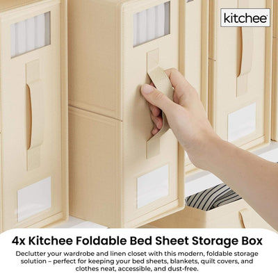Kitchee 4x Foldable Bed Sheet Storage Box - Linen + Closet Organiser Beige
