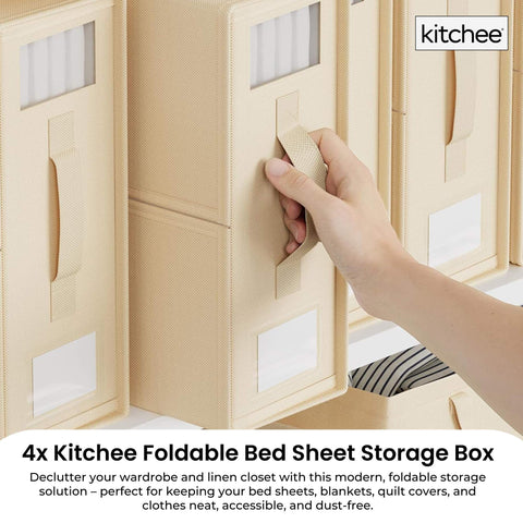 Kitchee 4x Foldable Bed Sheet Storage Box - Linen + Closet Organiser Beige