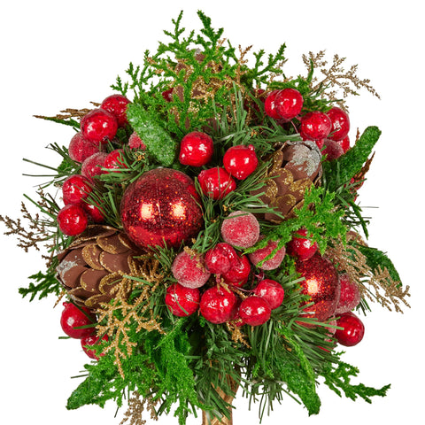 Christabelle 36cm Christmas Tabletop Topiary Tree Pre-Decorated Berries, Baubles & Pine Cones Gold Pot Twisted Stem Festive Decoration