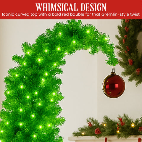 Christabelle 1.2m 4ft Gremlin Christmas Tree Pre Lit Green White LED Curved Top Red Bauble Artificial Indoor Xmas Decor