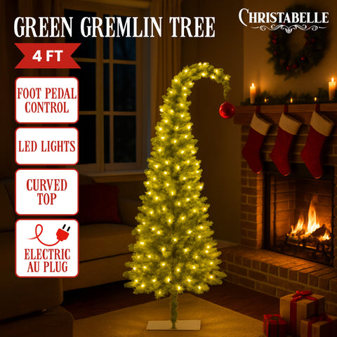 Christabelle 1.2m 4ft Gremlin Christmas Tree Pre Lit Green White LED Curved Top Red Bauble Artificial Indoor Xmas Decor