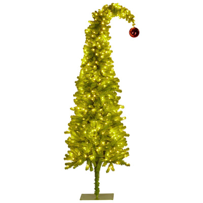 Christabelle 2.3m 7.5ft Gremlin Christmas Tree Pre Lit Green White LED Curved Top Red Bauble Artificial Indoor Xmas Decor