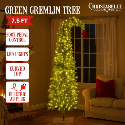 Christabelle 2.3m 7.5ft Gremlin Christmas Tree Pre Lit Green White LED Curved Top Red Bauble Artificial Indoor Xmas Decor