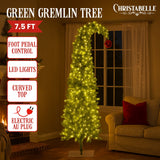Christabelle 2.3m 7.5ft Gremlin Christmas Tree Pre Lit Green White LED Curved Top Red Bauble Artificial Indoor Xmas Decor