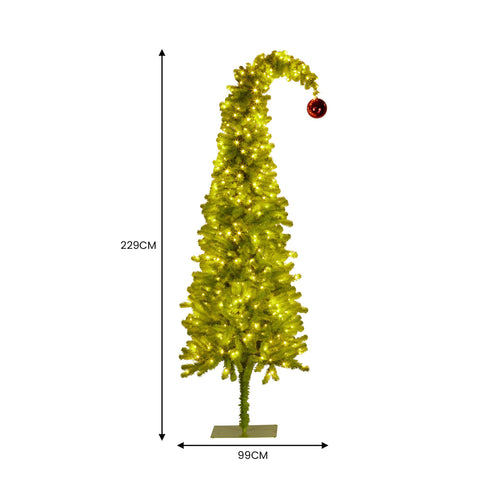 Christabelle 2.3m 7.5ft Gremlin Christmas Tree Pre Lit Green White LED Curved Top Red Bauble Artificial Indoor Xmas Decor
