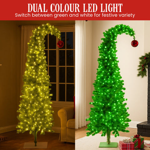 Christabelle 2.3m 7.5ft Gremlin Christmas Tree Pre Lit Green White LED Curved Top Red Bauble Artificial Indoor Xmas Decor