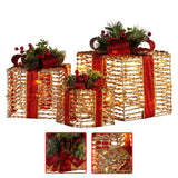Christabelle Set Of 3 Christmas Gift Boxes With Lights - Champagne With Red Bows