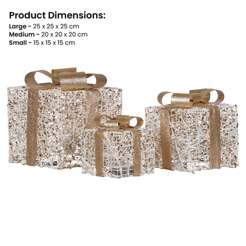 Christabelle Set of 3 Battery Operated Golden Christmas Gift Boxes w/Warm White LED Lights Indoor Decorative Holiday