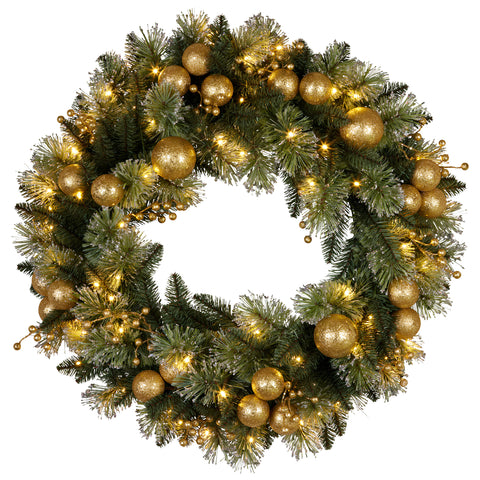 Christabelle 76cm Christmas Wreath Glittery Tipped with LED Lights and Golden Baubles Front Door Decoration Ornament