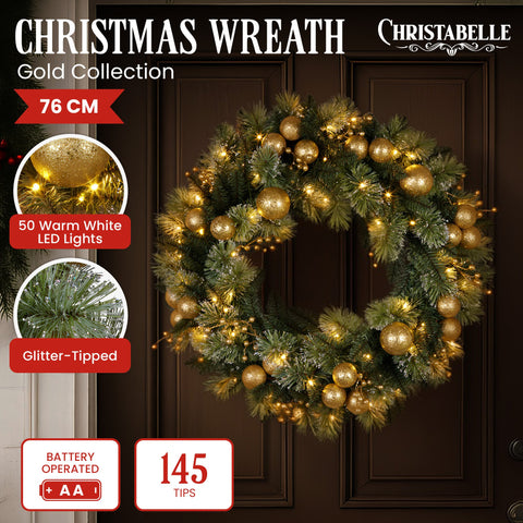 Christabelle 76cm Christmas Wreath Glittery Tipped with LED Lights and Golden Baubles Front Door Decoration Ornament