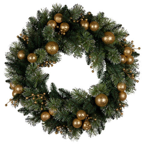Christabelle 76cm Christmas Wreath Glittery Tipped with LED Lights and Golden Baubles Front Door Decoration Ornament