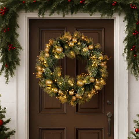 Christabelle 76cm Christmas Wreath Glittery Tipped with LED Lights and Golden Baubles Front Door Decoration Ornament