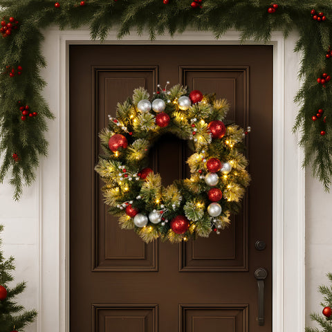 Christabelle Stunning 61cm Christmas Wreath with LED Lights Baubles Berries Red Silver Front Door Decoration