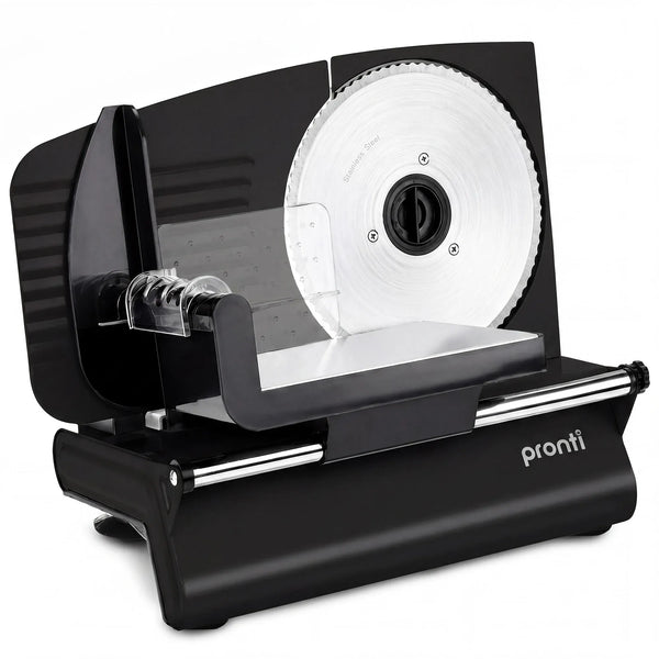 Pronti Black Electric Food Slicer 200W with Adjustable Thickness 1 to 15mm Serrated and Fine Edge Stainless Steel Blades
