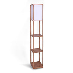 Sarantino Etagere Floor Lamp Ghost-White Fabric Shade in Wood Finish
