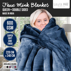 Laura Hill 600gsm Faux Mink Blanket Queen Size Double-sided Throw Rug Large Super Luxurious Soft - Blue