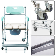 Orthonica Commode Chair With Castors Aluminium Frame Footrest Soft Push Handles