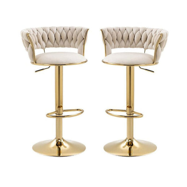 2x Height Adjustable Swivel Bar Stool Velvet Golden Base Barstools Chairs Padded Seat- Beige
