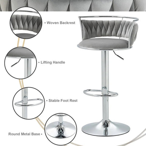 SERENITà Silver Swivel Upholstered Velvet Adjustable Height Counter Stool with Metal Frame Grey (Set of 2)