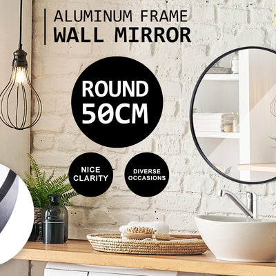 Wall Mirror Round Aluminum Frame Bathroom 50cm BLACK