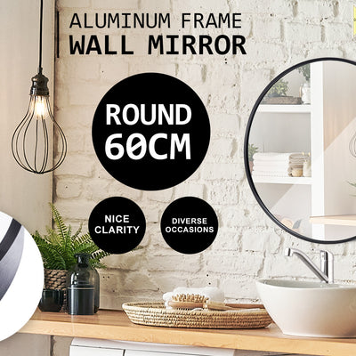 Wall Mirror Round Aluminum Frame Bathroom 60cm BLACK