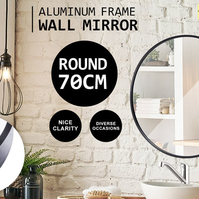 2 Set Wall Mirror Round Aluminum Frame Bathroom 70cm BLACK