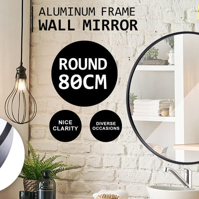 Wall Mirror Round Aluminum Frame Bathroom 80cm BLACK