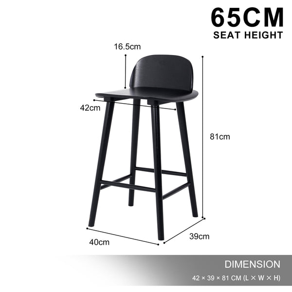 Wooden Bar Stool Dining Chair Ash Wood ELISE 65cm BLACK