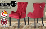 2X French Provincial Dining Chair Ring Studded Velvet Rubberwood Leg LISSE BORDEAUX RED