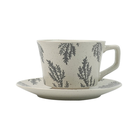 High-Fired Ceramic Stoneware Speckle Cup & Saucer Set 380ml Floral Tea Spoon EARTHY GREY