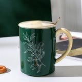 2X High-Fired Ceramic Porcelain Mug Set with Lid 400ml Vintage Floral Tea Spoon GREEN