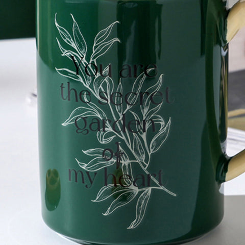2X High-Fired Ceramic Porcelain Mug Set with Lid 400ml Vintage Floral Tea Spoon GREEN