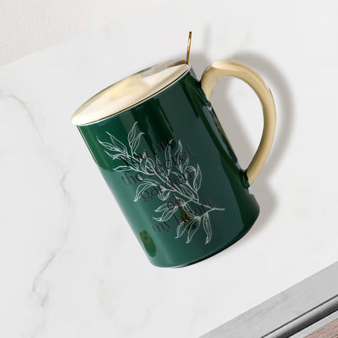 2X High-Fired Ceramic Porcelain Mug Set with Lid 400ml Vintage Floral Tea Spoon GREEN
