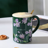 2X High-Fired Ceramic Porcelain Mug Set with Lid 400ml Vintage Floral Tea Spoon GREEN