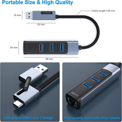 BENFEI 350GY 2-in-1 USB-C+USB 3.0 to RJ45 Gigabit Ethernet Port + 3-Port USB 3.0 HUB
