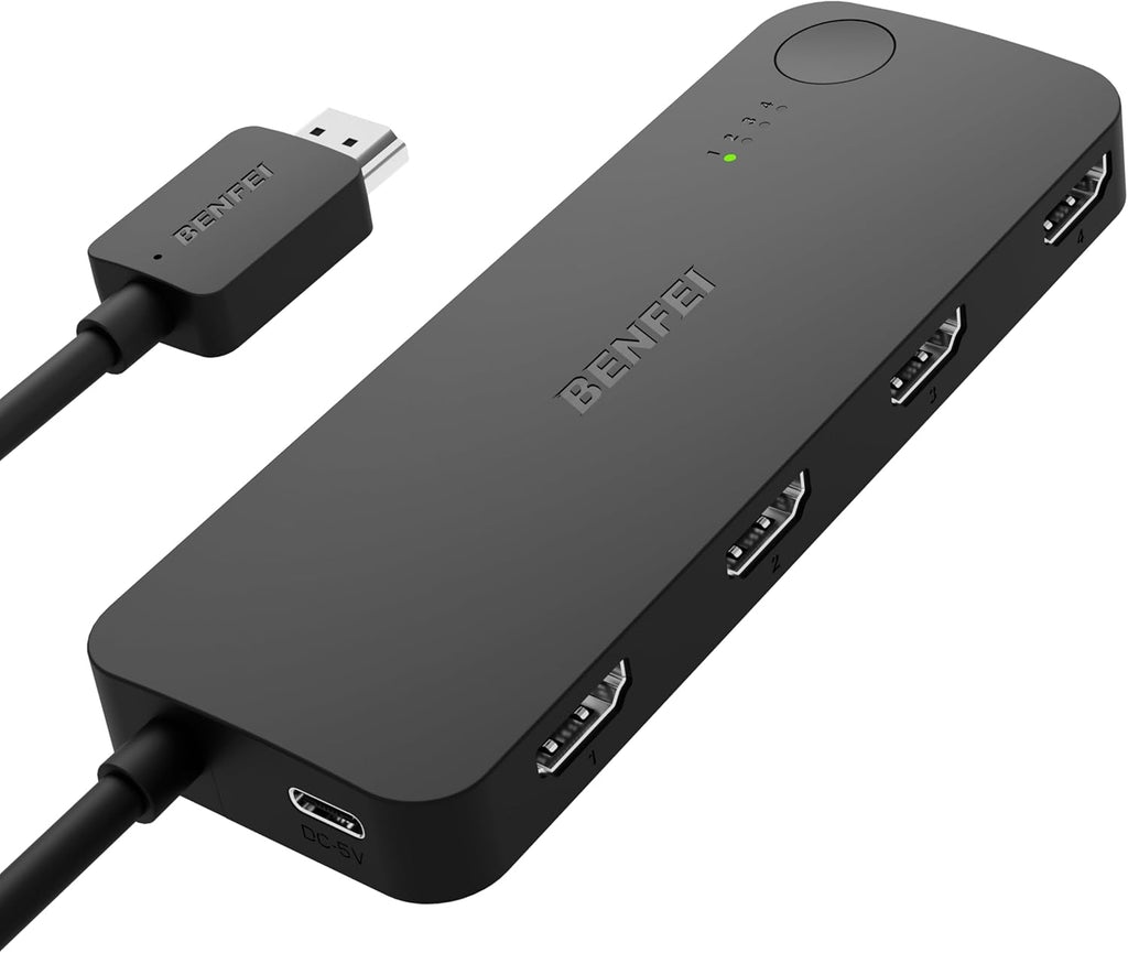 BENFEI 365BK HDMI Switch 4 in 1 Out 4K@60Hz, 2K@144Hz, HDCP 2.3 (with Adaptive Equalization Support 30ft HDMI Transmit)