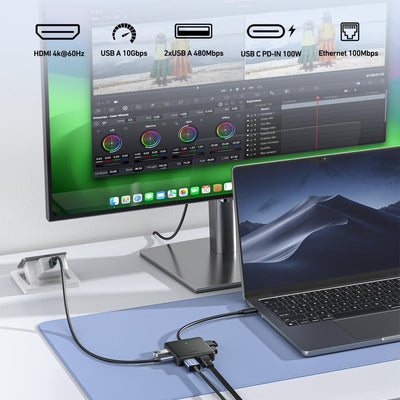 BENFEI 399BK 6-in-1 USB-C HUB to HDMI(8K)+USB3.2(10Gbps)+USB2.0x2+PD100W+RJ45 Black