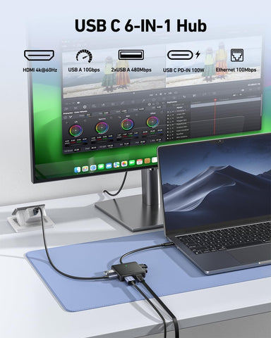 BENFEI 399BK 6-in-1 USB-C HUB to HDMI(8K)+USB3.2(10Gbps)+USB2.0x2+PD100W+RJ45 Black