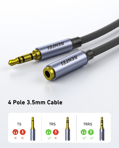 BENFEI 421GY 2M 3.5mm Male to Female AUX Extension Cable, TRRS 4-Pole Stereo Audio Jack Cord for Headphones, Microphone, Smartphones, PC, Laptop, Speakers
